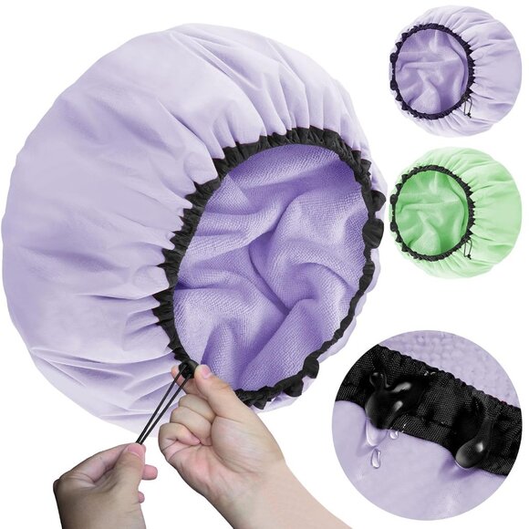 2 Pcs 13.5" Dual Waterproof Design Adjustable Terry Shower Cap for Women and Men